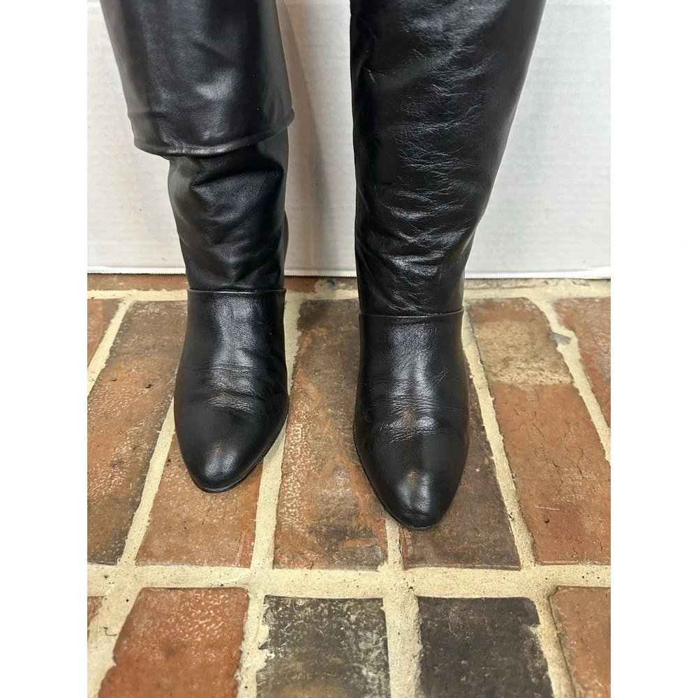 Vintage 80s Joyce Black Leather Boots Mid-Heel Fold Over Knee High Women's 6